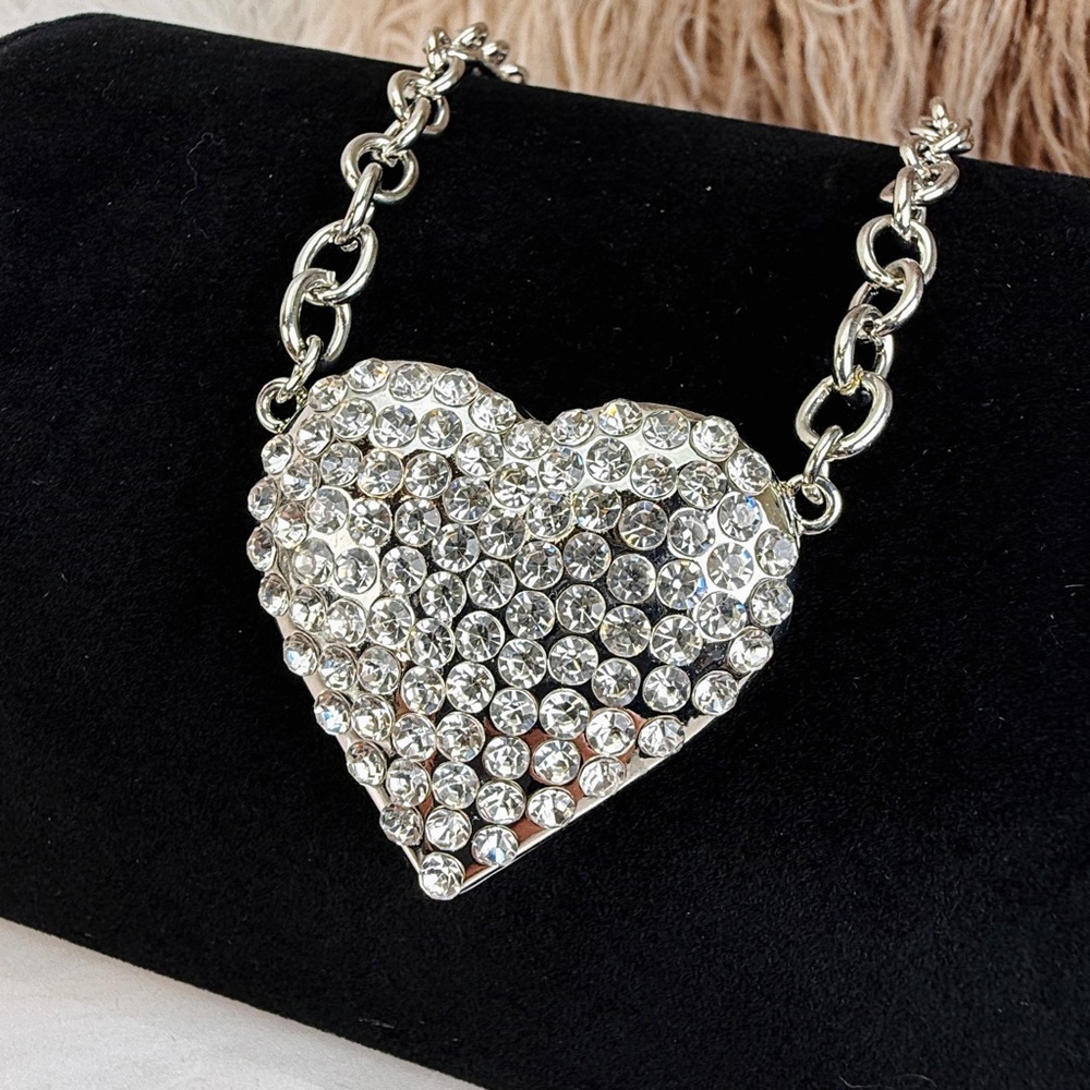 Silvertone weighted chain, large puffed heart pendant, bling accent necklace